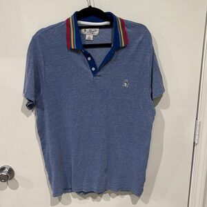 Original Penguin Heathered Blue Polo with Multicolor Striped Collar Size L